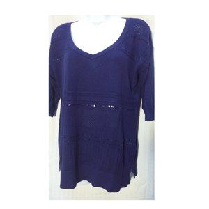 White House Black Market Navy Blue Sequin Embellished  V Neck Sweater